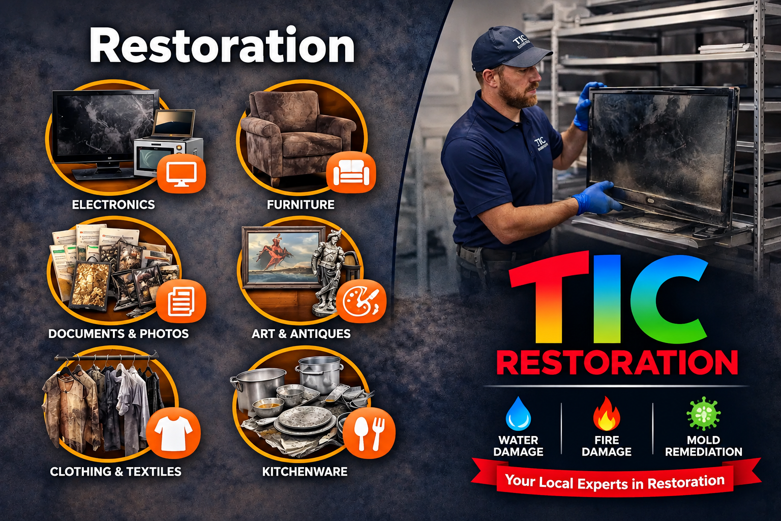 Technician restoring smoke-damaged electronics, furniture, documents and household items
