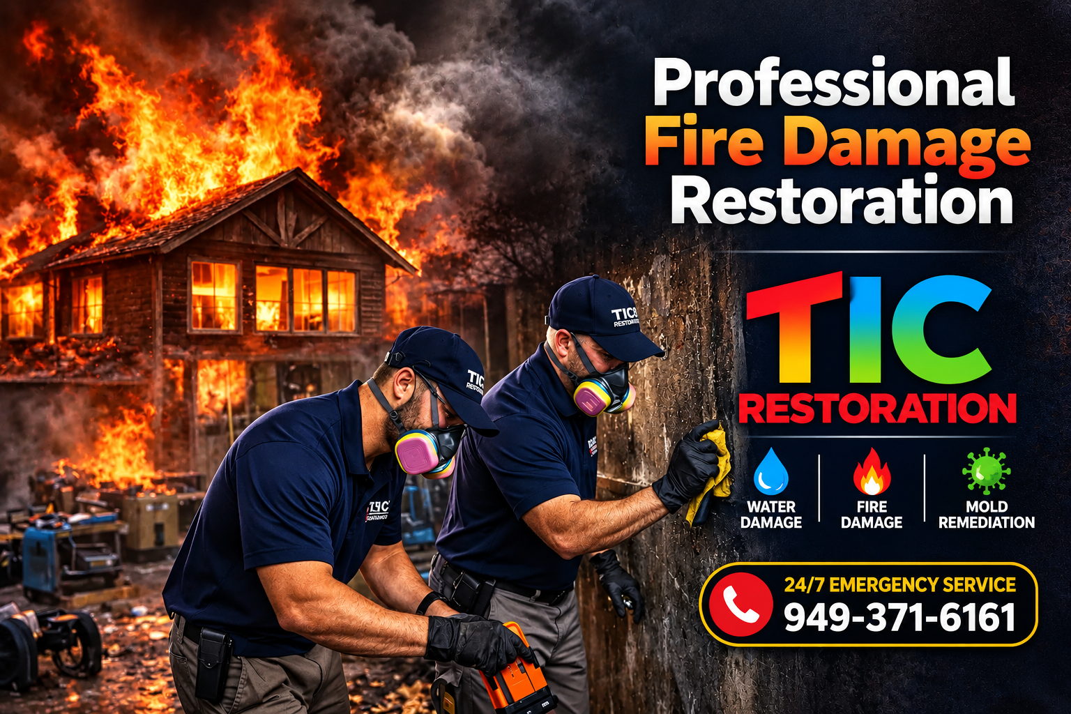 TIC Restoration technicians cleaning fire and smoke damage from a wall