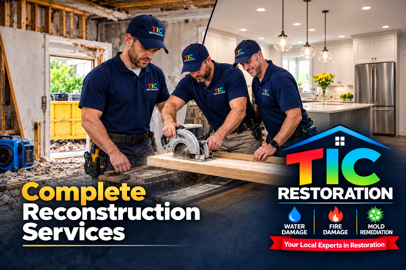 TIC Restoration crew rebuilding a damaged home into a finished kitchen