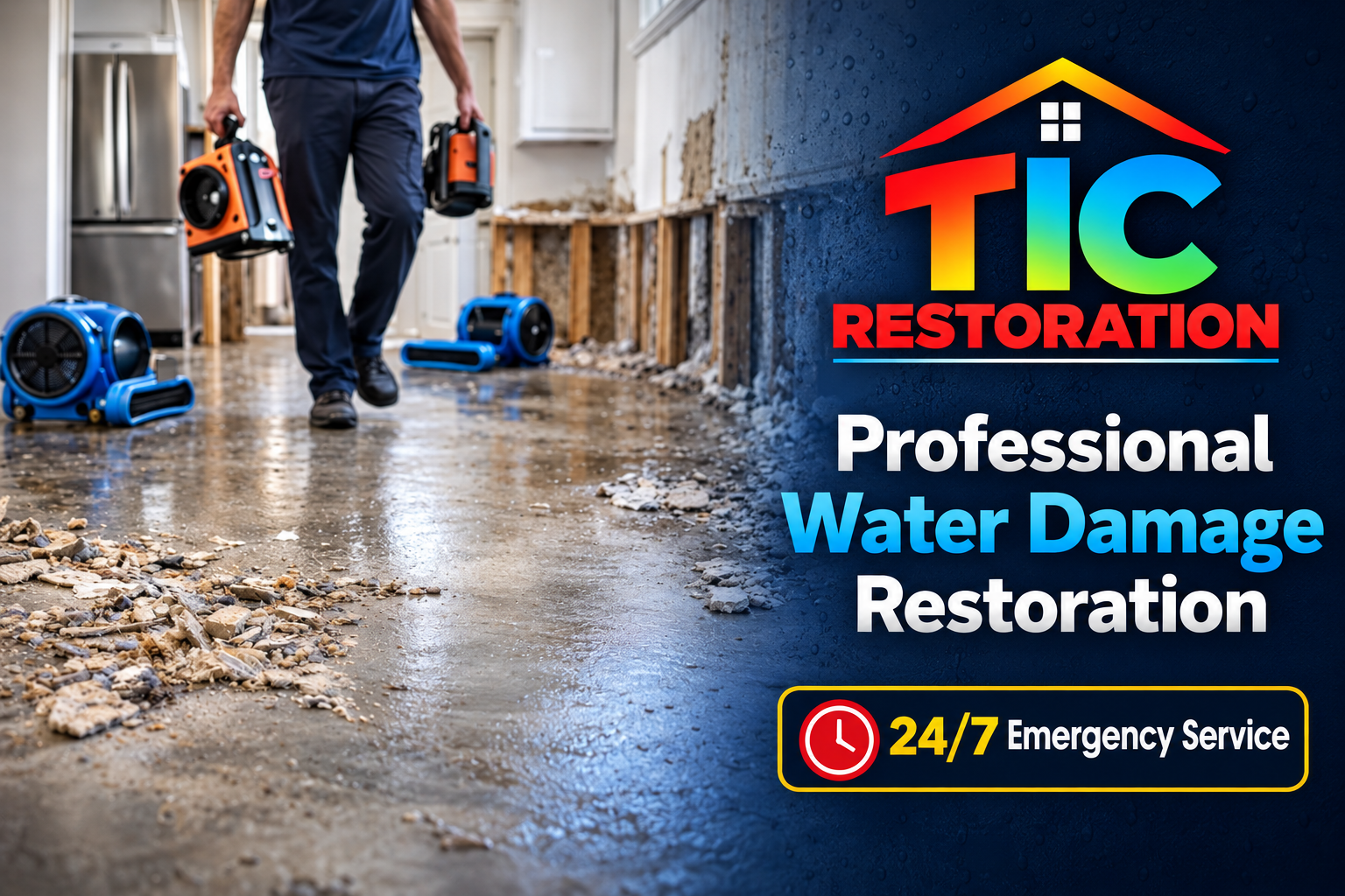 TIC Restoration water damage restoration with air movers drying a flooded hallway